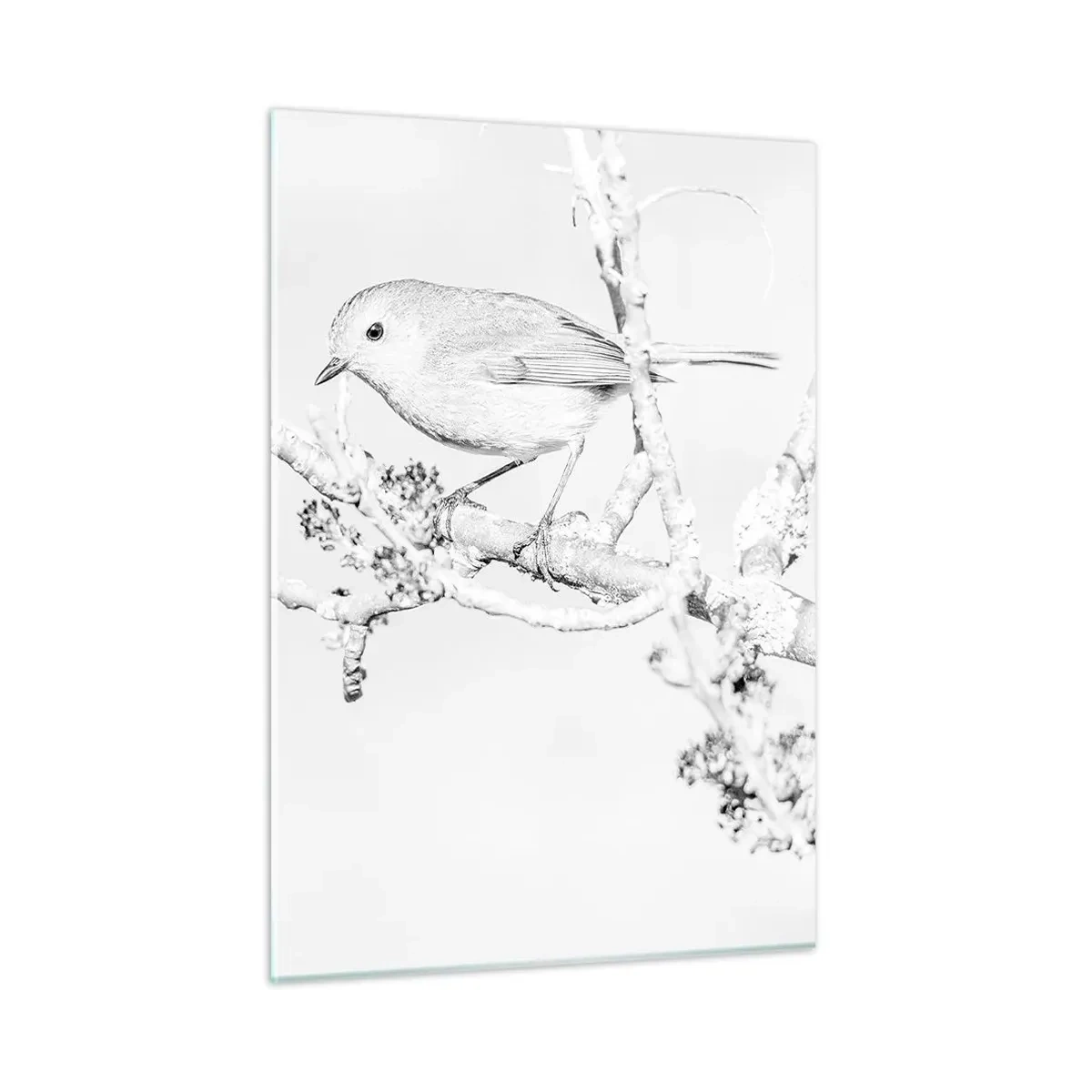 Cuadro sobre vidrio - Impresiones sobre Vidrio - Un pájaro posado en una rama en una escena invernal monocromática. - 50x70cm - Mañana de invierno - Decoración de pared moderna para salón y dormitorio ARTTOR