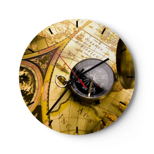 Reloj de pared - Reloj de vidrio - Una brújula sobre un fondo de mapa antiguo - 30x30cm - ¿Hasta el fin del mundo? - Decoración de pared moderna para salón, cocina y dormitorio ARTTOR