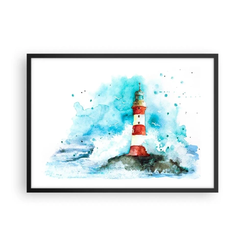 Póster en marco negro - Un faro en un entorno de acuarela con un fondo azul. - 70x50cm - La unidad de los elementos - Decoración de pared moderna para salón y dormitorio ARTTOR
