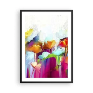 Póster en marco negro - Flores abstractas en colores intensos sobre un fondo blanco. - 50x70cm - Un arco iris ha florecido - Decoración de pared moderna para salón y dormitorio ARTTOR