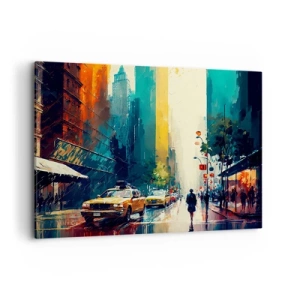 Cuadro sobre lienzo - Impresión de Imagen - Una ciudad bulliciosa con taxis y transeúntes. - 100x70cm - Nueva York - hasta la lluvia es colorida - Decoración de pared moderna para salón y dormitorio ARTTOR
