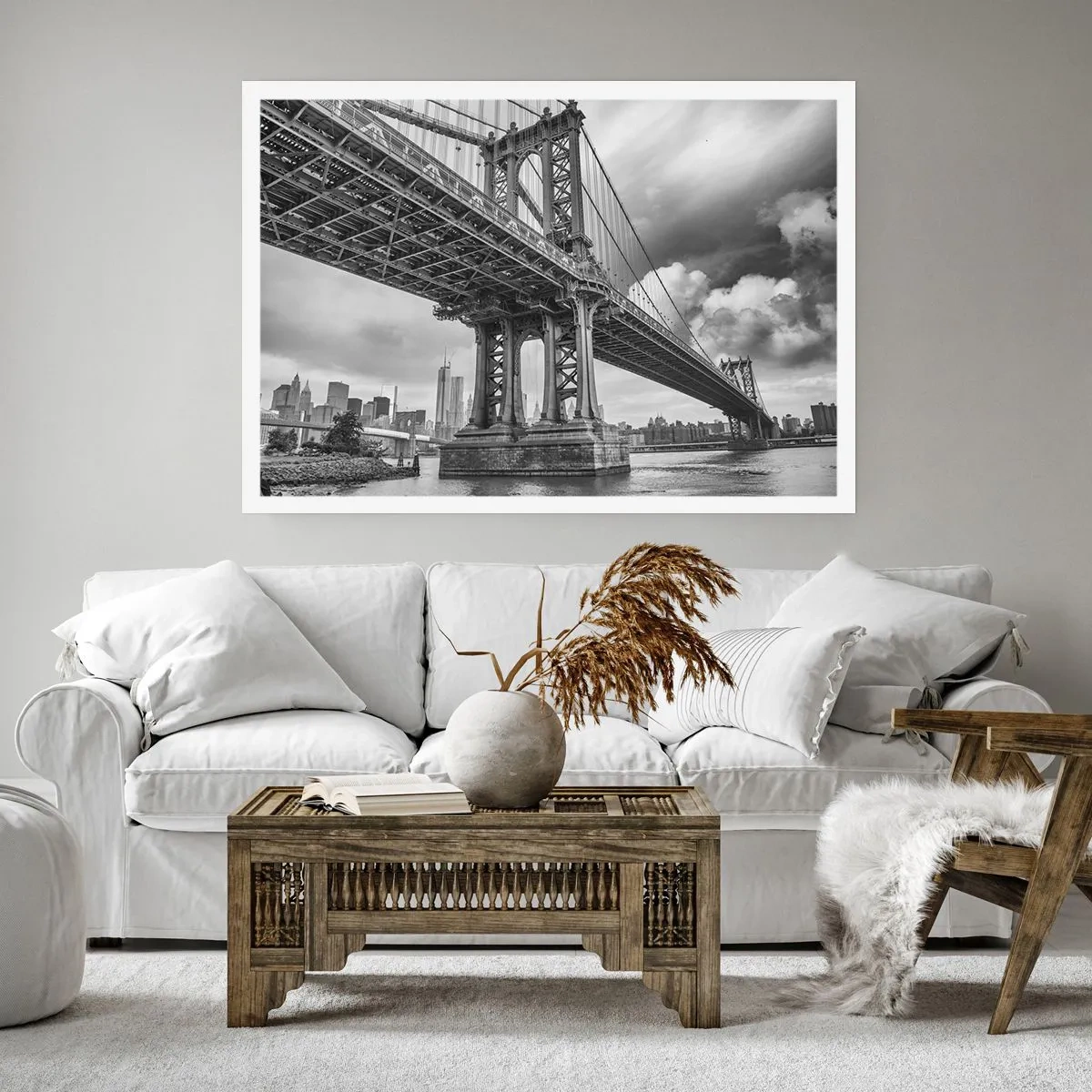 Póster - Un puente en blanco y negro con vista a la ciudad. - 100x70cm - Al corazón de la ciudad - Decoración de pared moderna para salón y dormitorio ARTTOR