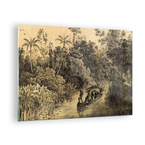 Cuadro sobre vidrio - Impresiones sobre Vidrio - Impresión retro que representa un viaje por la jungla. - 70x50cm - Expedición a la fuente - Decoración de pared moderna para salón y dormitorio ARTTOR
