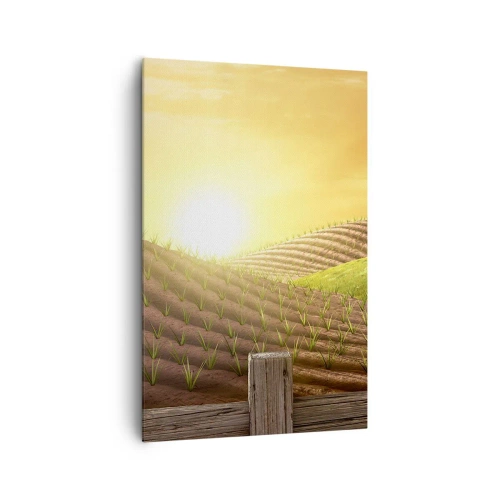 Cuadro sobre lienzo - Impresión de Imagen - Paisaje rural con un granero rojo, un tractor y el amanecer. - 80x120cm - Una granja como un cuento de hadas - Decoración de pared moderna para salón y dormitorio ARTTOR