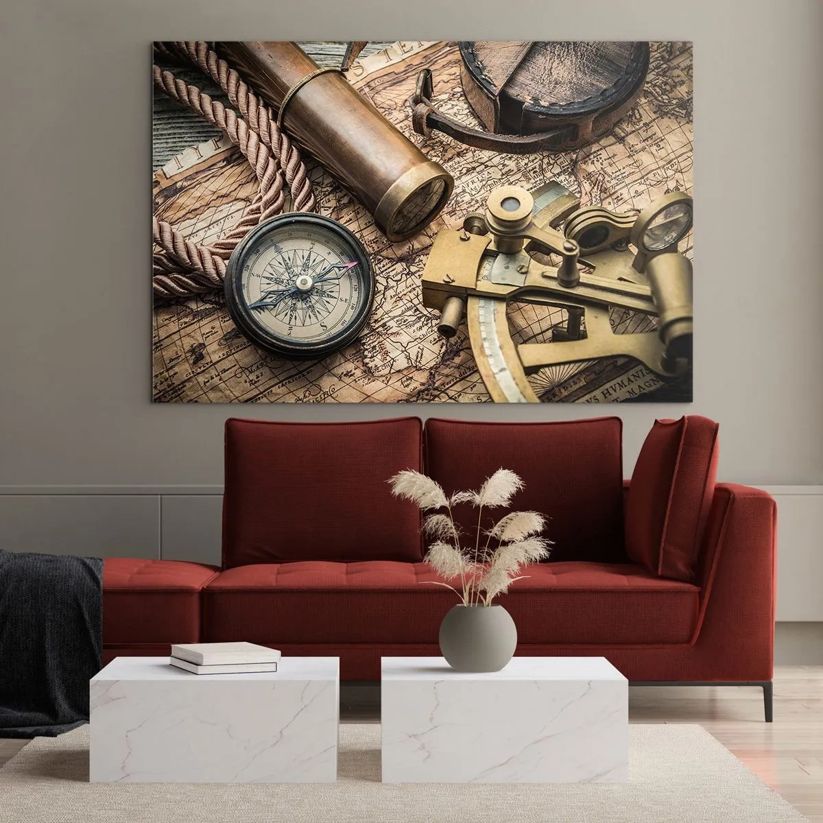 Cuadro sobre vidrio - Impresiones sobre Vidrio - Brújula, mapa y ayudas para la navegación de estilo retro - 70x50cm - Establecer un rumbo - Decoración de pared moderna para salón y dormitorio ARTTOR