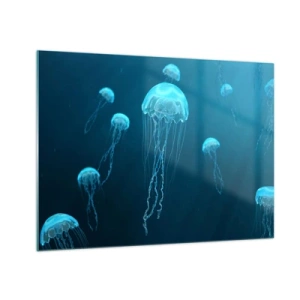 Cuadro sobre vidrio - Impresiones sobre Vidrio - Medusas flotando en el océano azul profundo - 70x50cm - Danza oceánica - Decoración de pared moderna para salón y dormitorio ARTTOR