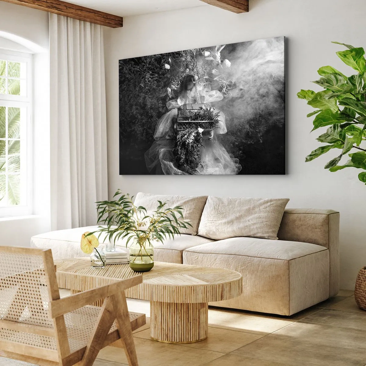 Cuadro sobre lienzo - Impresión de Imagen - Una composición en blanco y negro con una figura con un vestido y una jaula en la niebla. - 120x80cm - La madre misma - La naturaleza - Decoración de pared moderna para salón y dormitorio ARTTOR