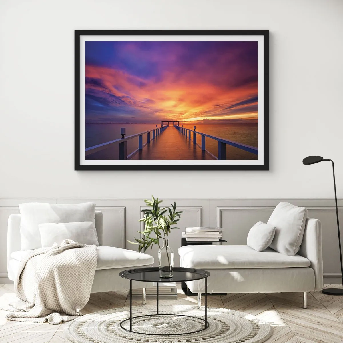 Póster en marco negro - Un embarcadero que conduce al mar durante la puesta de sol. - 100x70cm - Sin fin - Decoración de pared moderna para salón y dormitorio ARTTOR