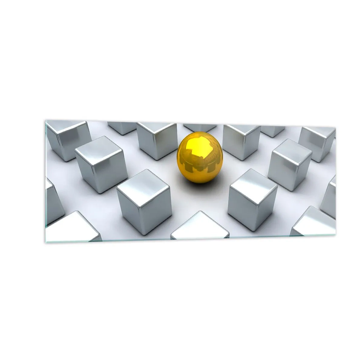 Cuadro sobre vidrio - Impresiones sobre Vidrio - Una esfera dorada que destaca entre los cubos plateados. - 140x50cm - ¿Por qué yo? Composición geométrica - Decoración de pared moderna para salón y dormitorio ARTTOR