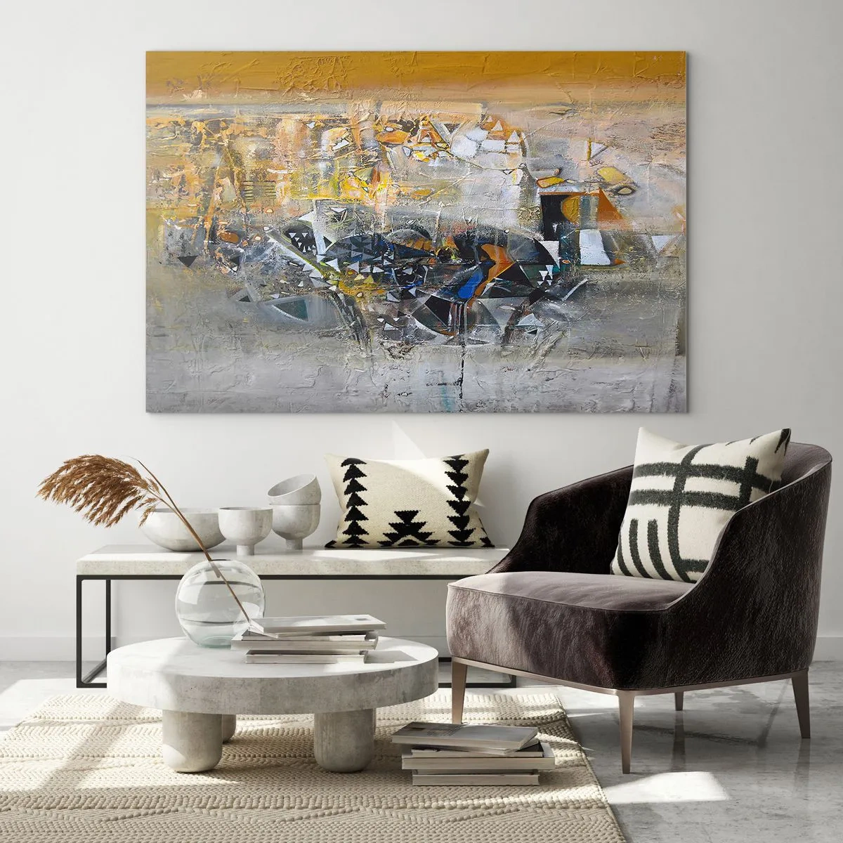 Cuadro sobre vidrio - Impresiones sobre Vidrio - Abstracción artística en oro, plata y gris. - 70x50cm - Todo se pondrá en su sitio - Decoración de pared moderna para salón y dormitorio ARTTOR