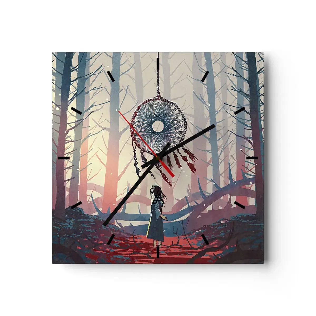 Reloj de pared - Reloj de vidrio - Escena de bosque con un atrapasueños gigante. - 30x30cm - El ritual secreto de la felicidad - Decoración de pared moderna para salón y dormitorio ARTTOR