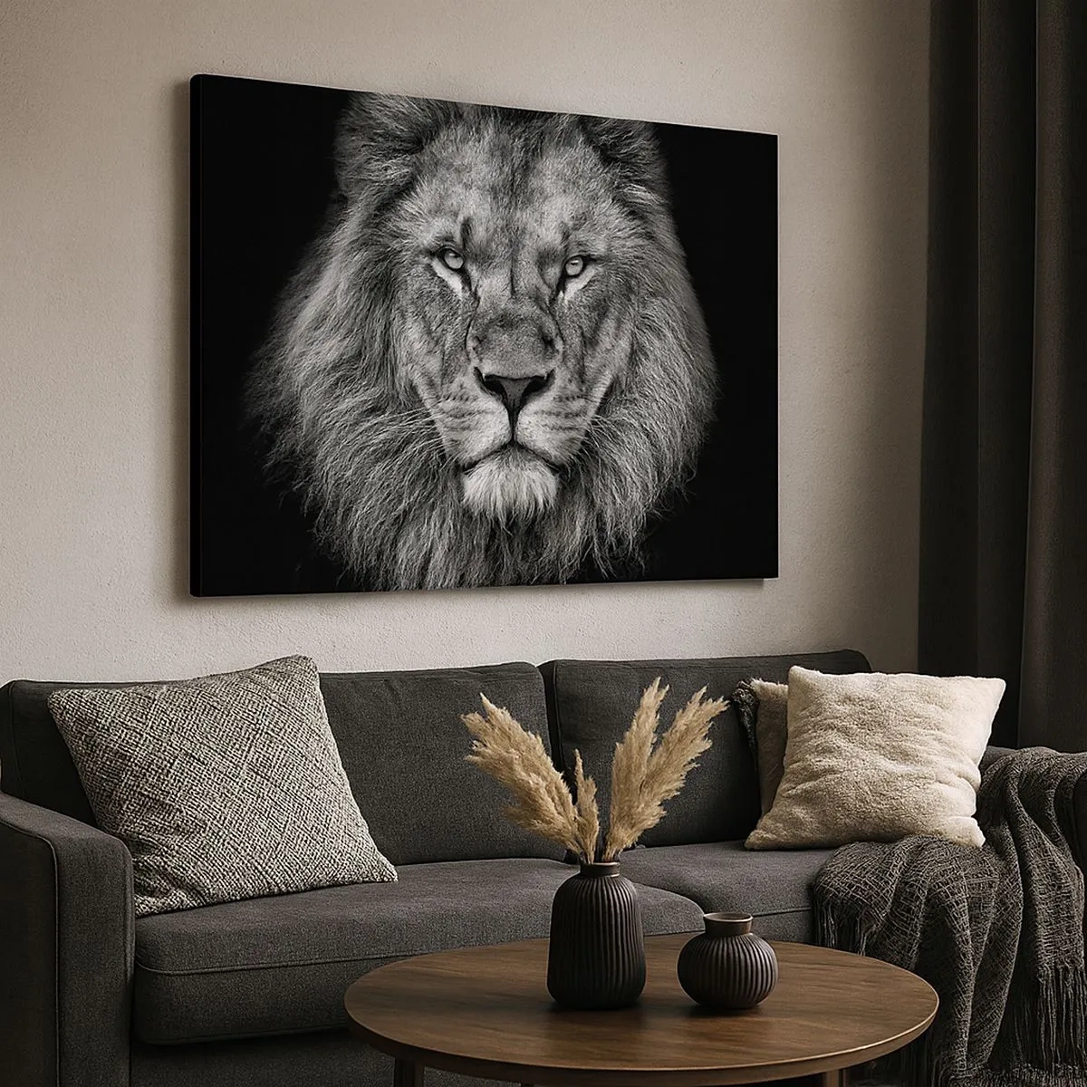 Cuadro sobre lienzo - Impresión de Imagen - Retrato de un majestuoso león en blanco y negro - 70x50cm - Con el atuendo de la coronación - Decoración de pared moderna para salón y dormitorio ARTTOR