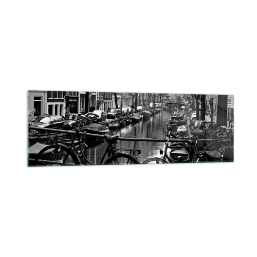 Cuadro sobre vidrio - Impresiones sobre Vidrio - Canal con bicicletas en fotografía en blanco y negro - 160x50cm - Una visión muy holandesa - Decoración de pared moderna para salón y dormitorio ARTTOR