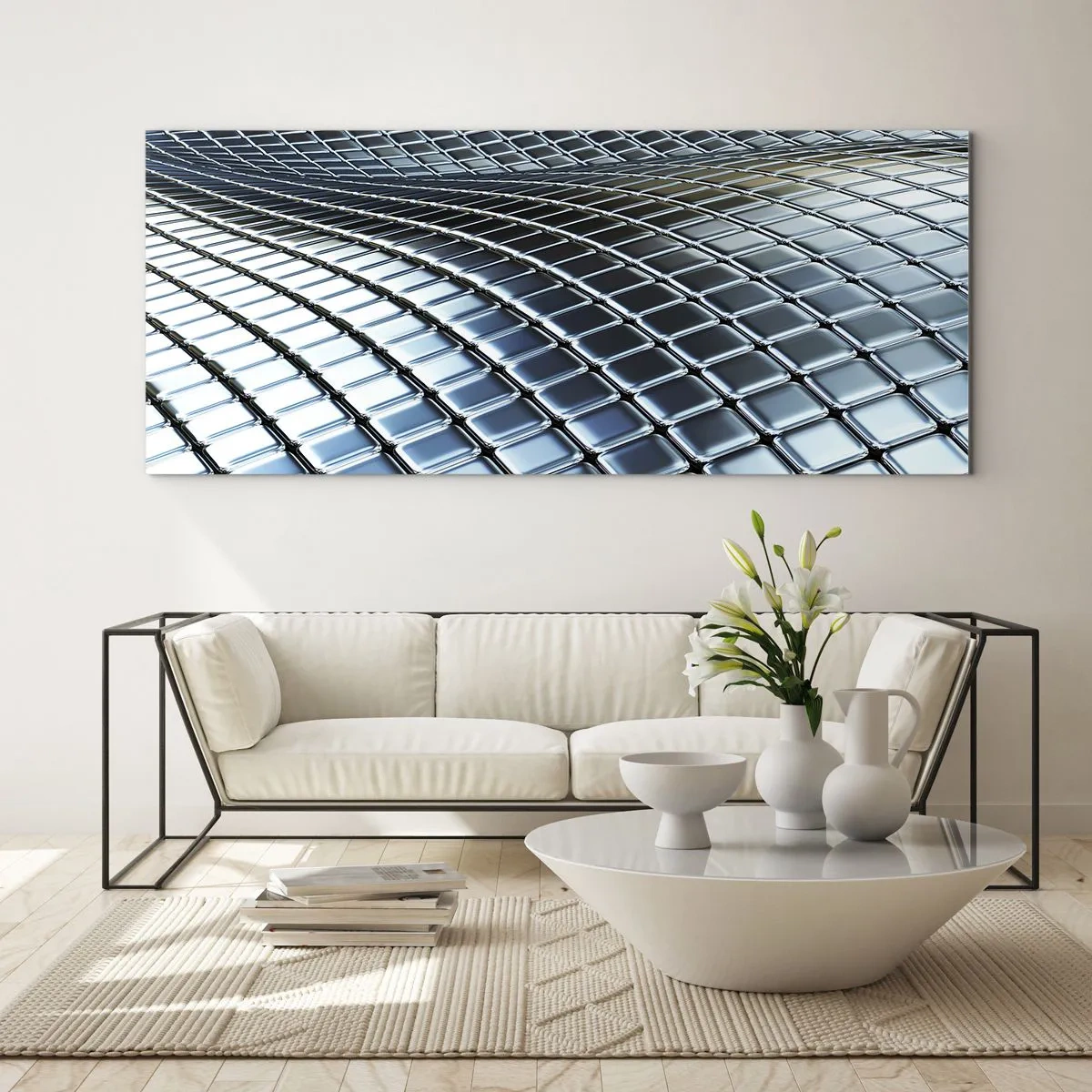 Cuadro sobre vidrio - Impresiones sobre Vidrio - Estructura moderna de cuadrados metálicos. - 140x50cm - Ola de plata - Decoración de pared moderna para salón y dormitorio ARTTOR