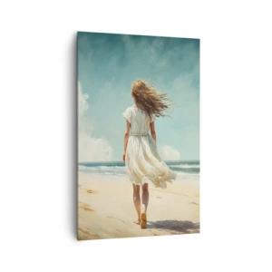 Cuadro sobre lienzo - Impresión de Imagen - Una mujer con un vestido blanco caminando por la playa en un día soleado. - 80x120cm - Al encuentro del sol y del viento - Decoración de pared moderna para salón y dormitorio ARTTOR