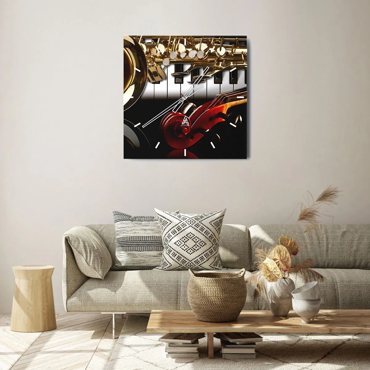 Reloj de pared - Reloj de vidrio - Un saxofón dorado, teclas de piano y un violín rojo. - 30x30cm - Chapa, madera y marfil - Decoración de pared moderna para salón y dormitorio ARTTOR