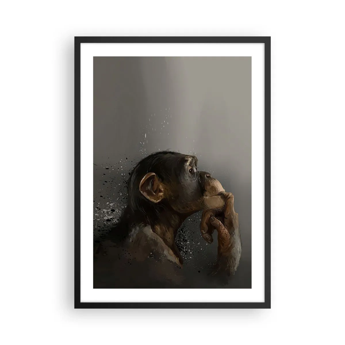 Póster en marco negro - Retrato de un mono pensante en suaves tonos grises con un fondo abstracto. - 50x70cm - La evolución del pensador - Decoración de pared moderna para salón y dormitorio ARTTOR