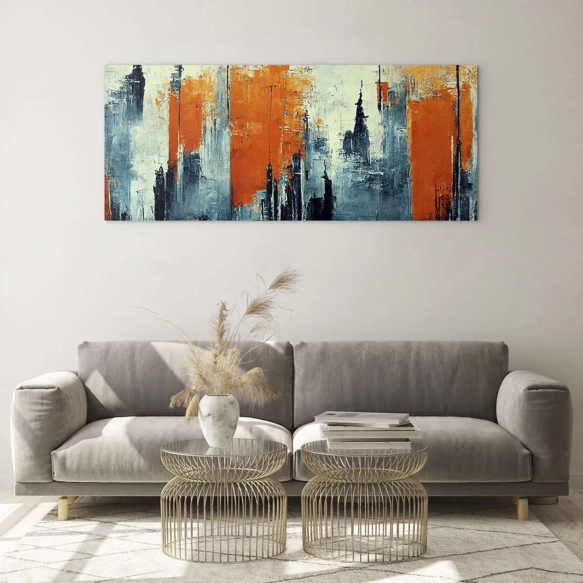 Cuadro sobre vidrio - Impresiones sobre Vidrio - Paisaje urbano abstracto en tonos naranja y azul. - 140x50cm - Paisaje moderno - Decoración de pared moderna para salón y dormitorio ARTTOR