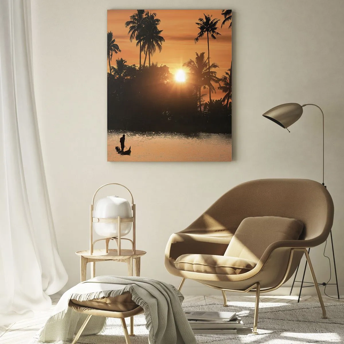 Cuadro sobre vidrio - Impresiones sobre Vidrio - Puesta de sol sobre palmeras y un lago tranquilo con un barco. - 80x120cm - Tiempo de descanso - Decoración de pared moderna para salón y dormitorio ARTTOR