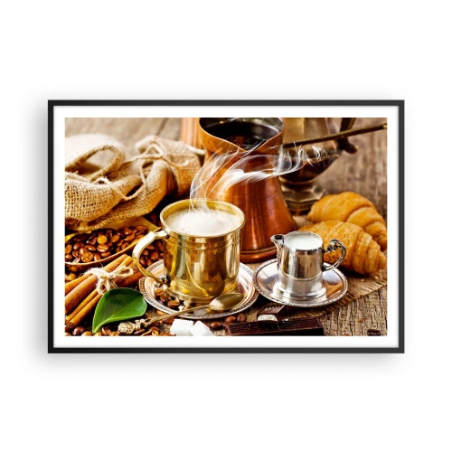 Póster en marco negro - Una taza de café dorada rodeada de granos, jarras y croissants. - 100x70cm - Que tengas un buen día - Decoración de pared moderna para salón y dormitorio ARTTOR
