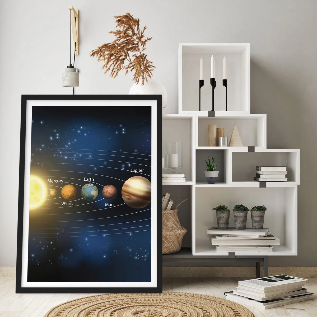Póster en marco negro - El sistema solar con planetas sobre un fondo de estrellas. - 50x70cm - Uno de diez - Decoración de pared moderna para salón y dormitorio ARTTOR