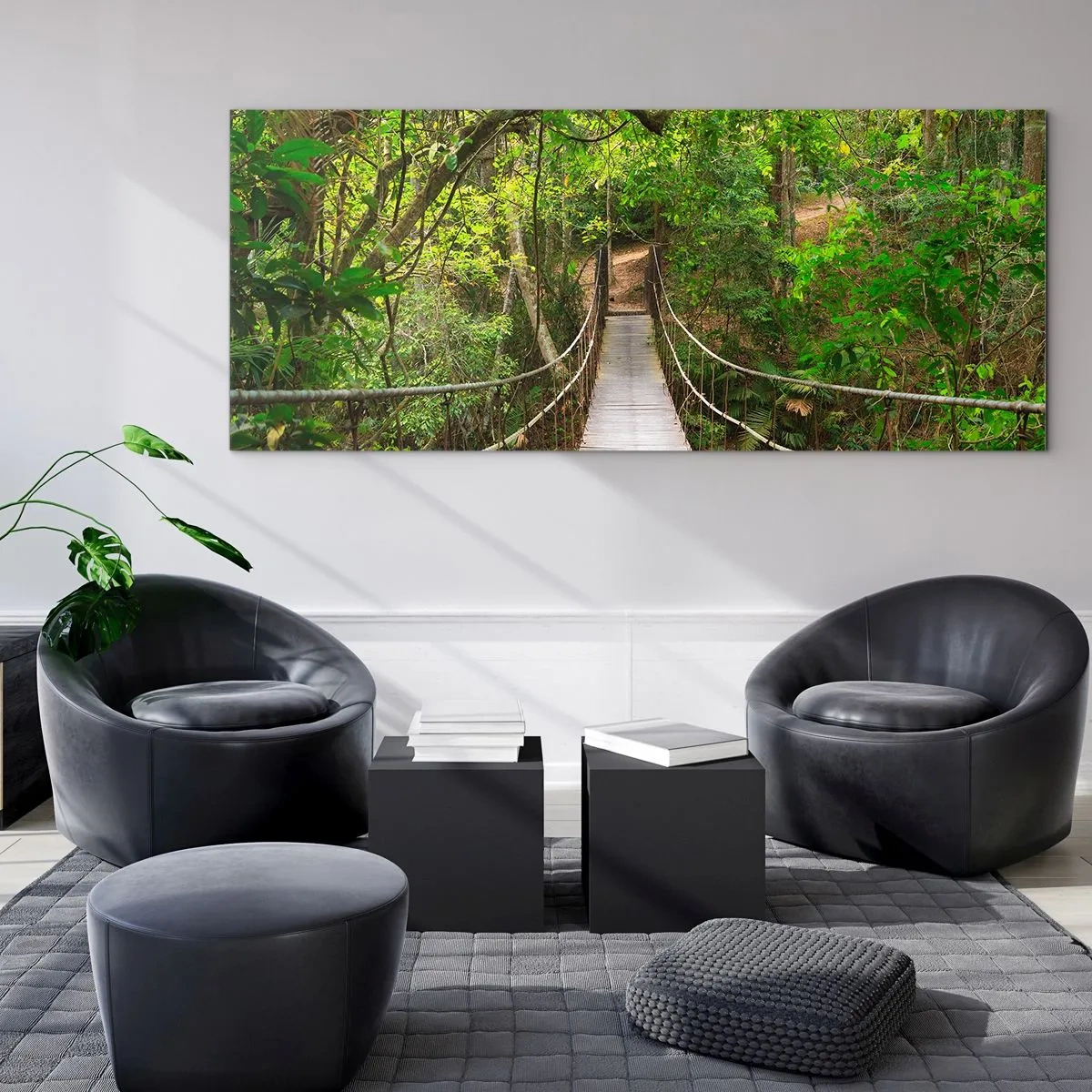 Cuadro sobre vidrio - Impresiones sobre Vidrio - Un puente colgante rodeado de una selva tropical verde. - 120x50cm - Porque la vid crece en el jardín - Decoración de pared moderna para salón y dormitorio ARTTOR