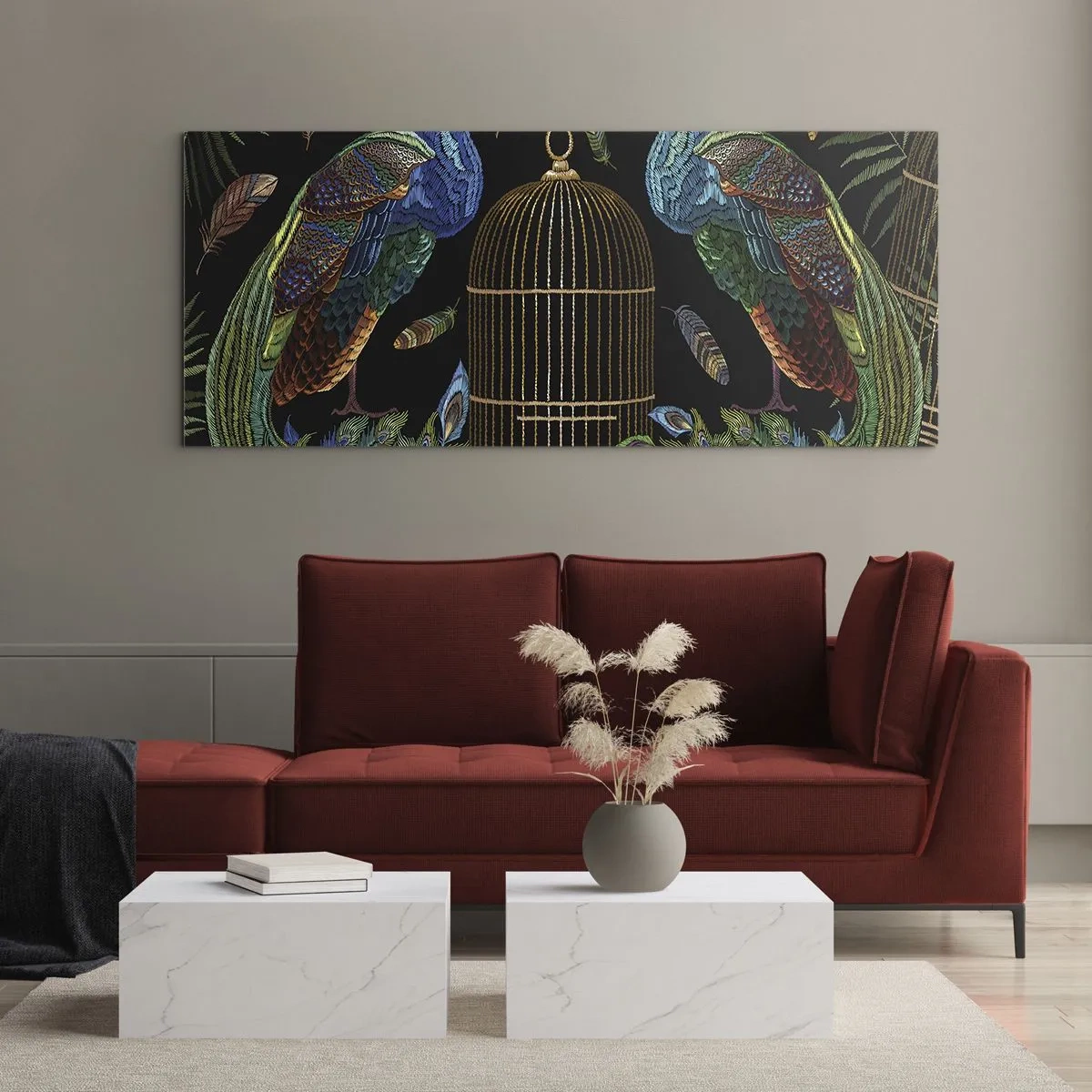 Cuadro sobre vidrio - Impresiones sobre Vidrio - Pavos reales junto a una jaula dorada sobre un fondo negro - 120x50cm - Con plumajes reales - Decoración de pared moderna para salón y dormitorio ARTTOR