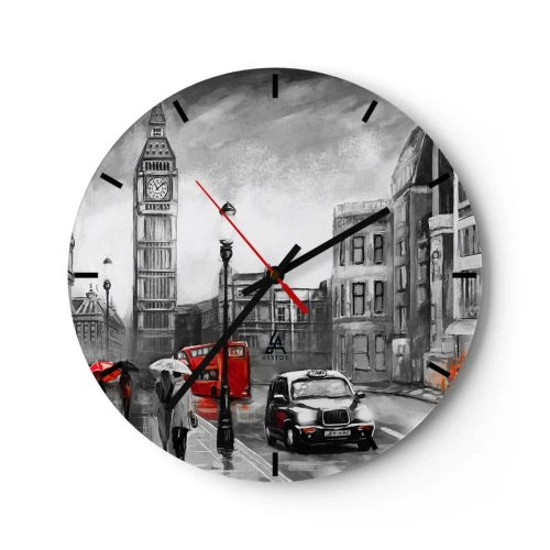 Reloj de pared - Reloj de vidrio - El Big Ben y una calle de Londres con un autobús rojo y un taxi. - 30x30cm - No tan gris como la pintan - Decoración de pared moderna para salón, cocina y dormitorio ARTTOR
