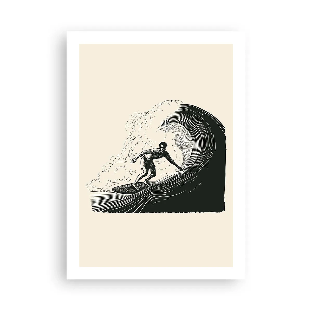 Póster - Gráfico retro de surfista sobre olas, composición en negro y crema - 50x70cm - Rey de la ola - Decoración de pared moderna para salón y dormitorio ARTTOR