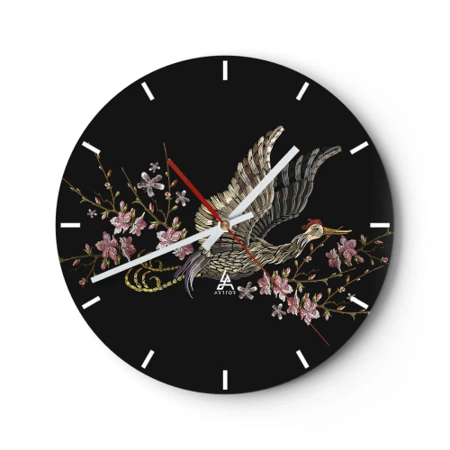 Reloj de pared - Reloj de vidrio - Un pájaro en vuelo entre flores sobre un fondo negro. - 30x30cm - Ave florida - Decoración de pared moderna para salón, cocina y dormitorio ARTTOR