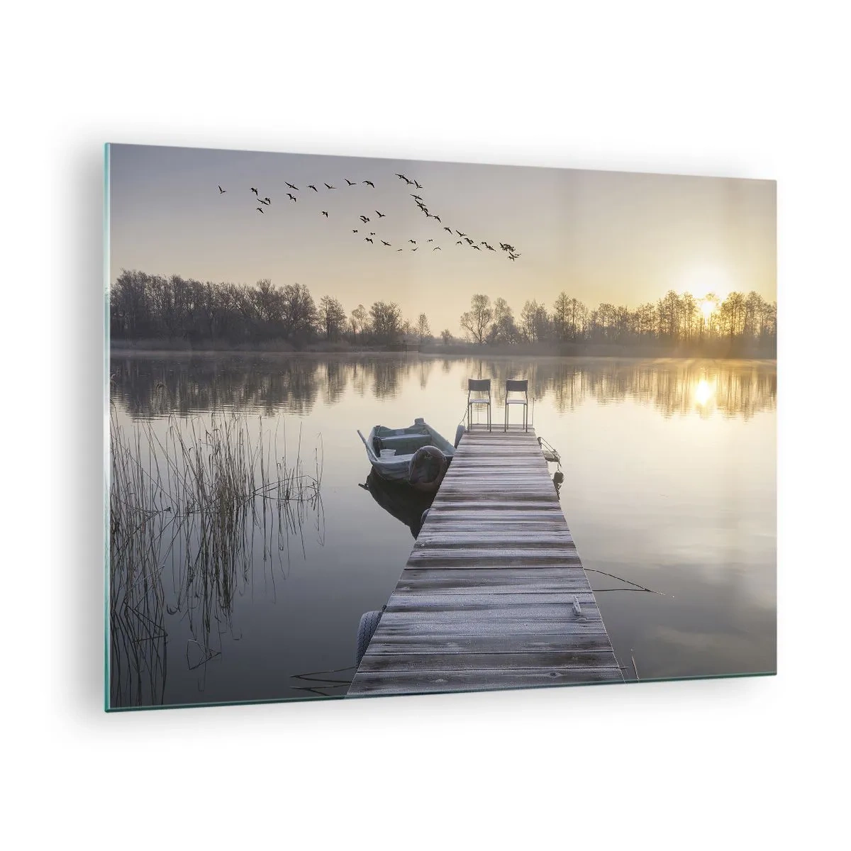 Cuadro sobre vidrio - Impresiones sobre Vidrio - Mañana en el lago con muelle. - 70x50cm - Volveré en un rato - Decoración de pared moderna para salón y dormitorio ARTTOR