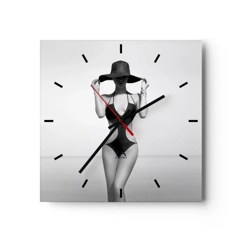 Reloj de pared - Reloj de vidrio - Silueta en blanco y negro de una mujer con sombrero contra el fondo del mar. - 30x30cm - Mi nombre es Elegancia - Decoración de pared moderna para salón y dormitorio ARTTOR