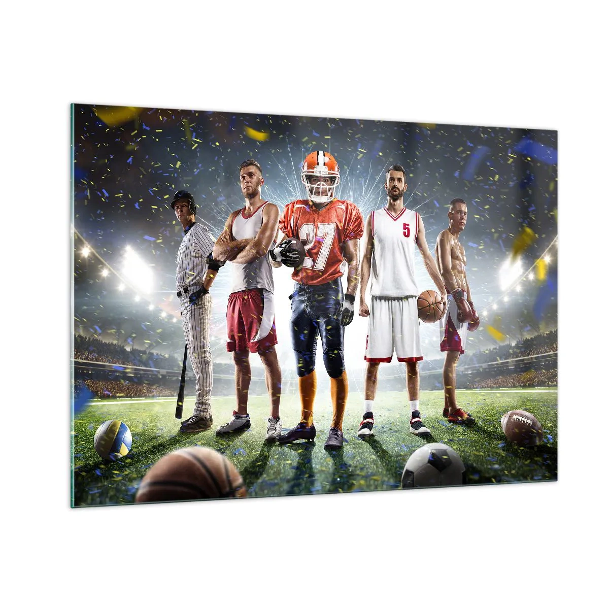 Cuadro sobre vidrio - Impresiones sobre Vidrio - Atletas de diversas disciplinas en el estadio bajo los focos - 100x70cm - Gladiadores sobre los terrenos de juego - Decoración de pared moderna para salón y dormitorio ARTTOR