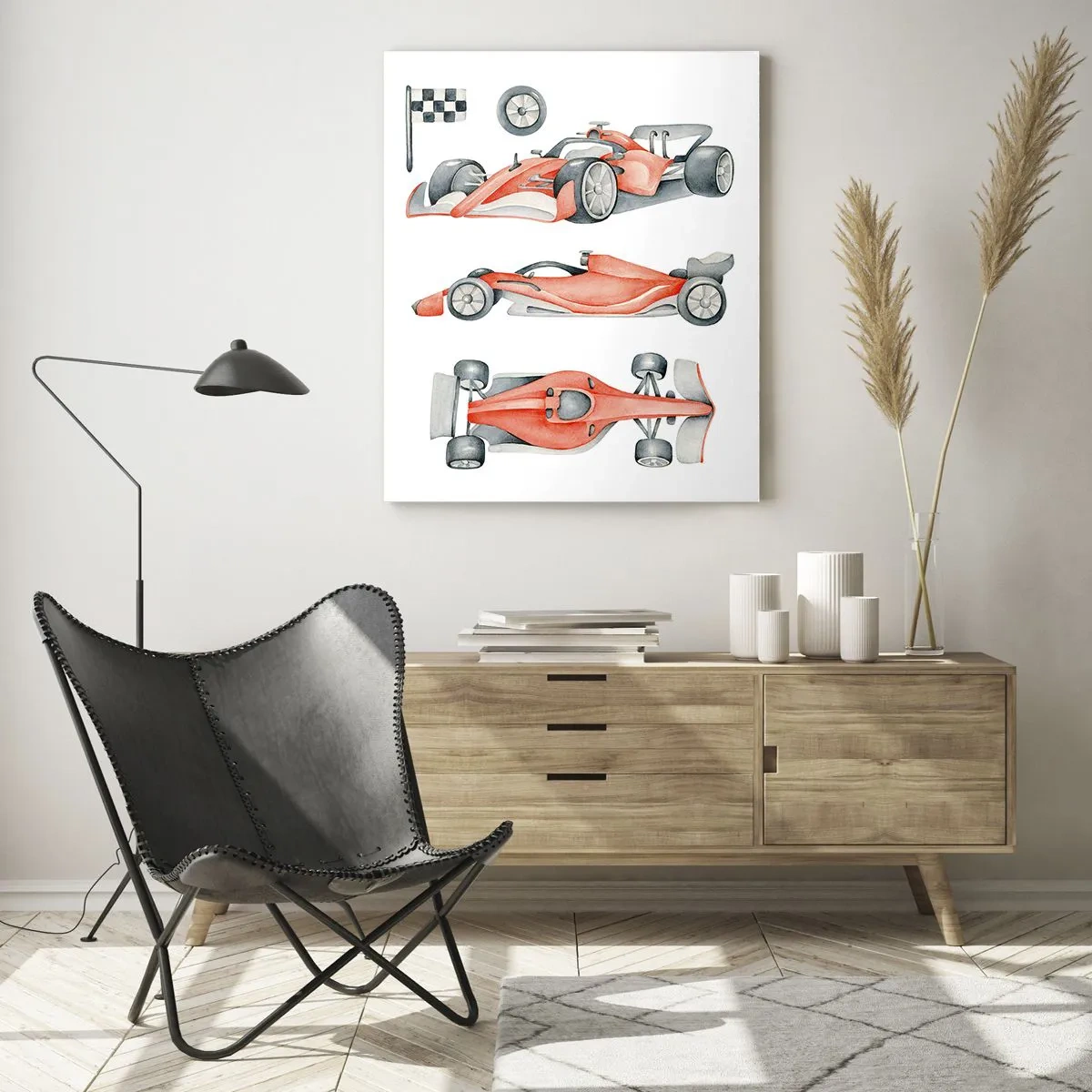Cuadro sobre vidrio - Impresiones sobre Vidrio - Ilustración de tres disparos de un coche de carreras rojo con una bandera de carreras - 50x70cm - Para alcanzar un sueño - Decoración de pared moderna para salón y dormitorio ARTTOR