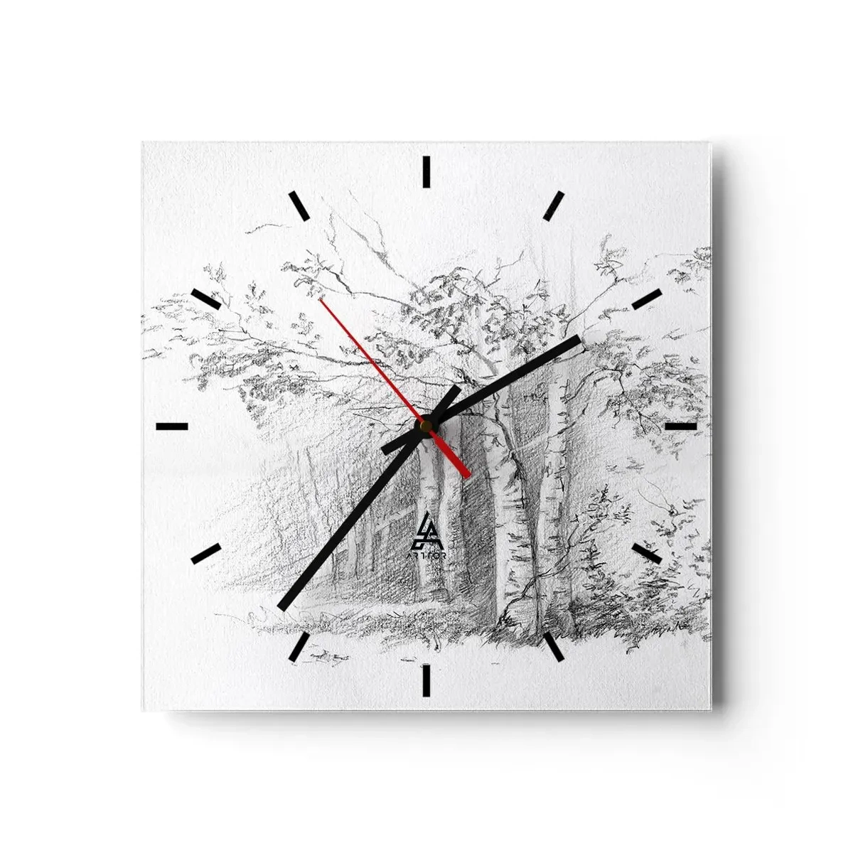 Reloj de pared - Reloj de vidrio - Un dibujo de un bosque de abedules en un sutil boceto a lápiz. - 30x30cm - La luz de un bosque de abedules - Decoración de pared moderna para salón y dormitorio ARTTOR