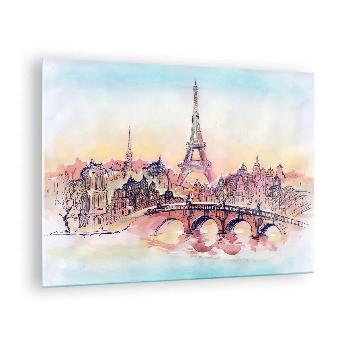 Cuadro sobre vidrio - Impresiones sobre Vidrio - Un panorama de París con la Torre Eiffel en un delicado estilo de acuarela. - 70x50cm - Única en el mundo - Decoración de pared moderna para salón y dormitorio ARTTOR