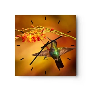 Reloj de pared - Reloj de vidrio - Colibrí junto a una flor bajo la cálida luz - 30x30cm - Mensajero de la luz - Decoración de pared moderna para salón y dormitorio ARTTOR