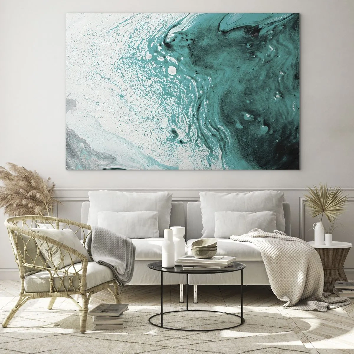 Cuadro sobre vidrio - Impresiones sobre Vidrio - Una pintura abstracta en tonos blanco y turquesa. - 70x50cm - Disolución en blanco y turquesa - Decoración de pared moderna para salón y dormitorio ARTTOR