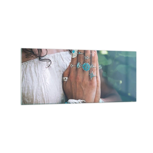 Cuadro sobre vidrio - Impresiones sobre Vidrio - Manos decoradas con joyas boho - 120x50cm - Conocimiento interior - Decoración de pared moderna para salón y dormitorio ARTTOR