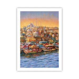 Póster - Un paisaje urbano colorido con mezquitas junto al agua. - 50x70cm - Una historia en Estambul - Decoración de pared moderna para salón y dormitorio ARTTOR