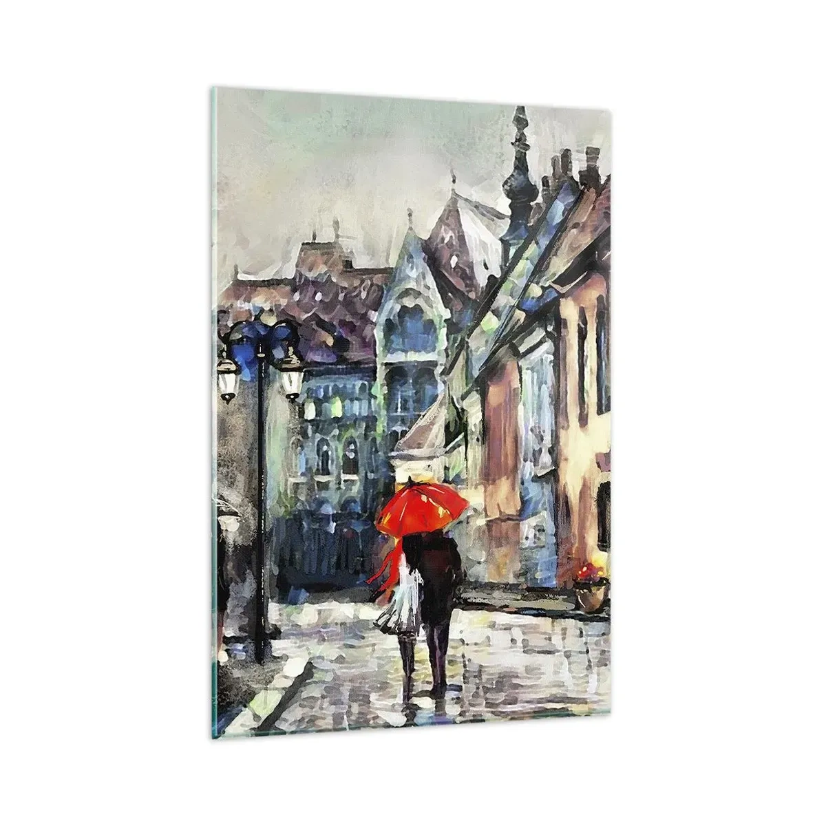 Cuadro sobre vidrio - Impresiones sobre Vidrio - Una encantadora calle de la ciudad con una pareja bajo un paraguas rojo. - 80x120cm - Lluvia para dos - Decoración de pared moderna para salón y dormitorio ARTTOR