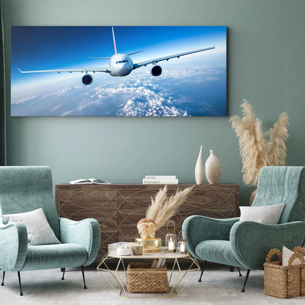 Cuadro sobre lienzo - Impresión de Imagen - Un avión volando sobre las nubes contra un cielo azul. - 140x50cm - Vuelo porque quiero - Decoración de pared moderna para salón y dormitorio ARTTOR