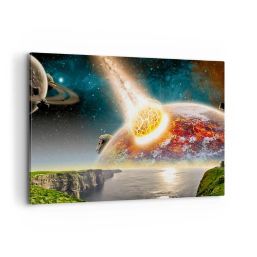 Cuadro sobre lienzo - Impresión de Imagen - Un meteorito choca con un planeta en un paisaje cósmico. - 120x80cm - Drama cósmico - Decoración de pared moderna para salón y dormitorio ARTTOR