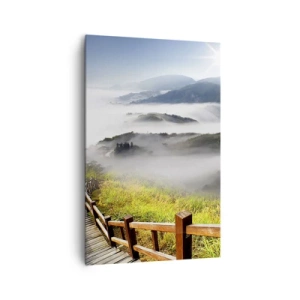 Cuadro sobre lienzo - Impresión de Imagen - Un sendero de madera entre las montañas brumosas por la mañana. - 80x120cm - Tejido de resplandor y niebla - Decoración de pared moderna para salón y dormitorio ARTTOR