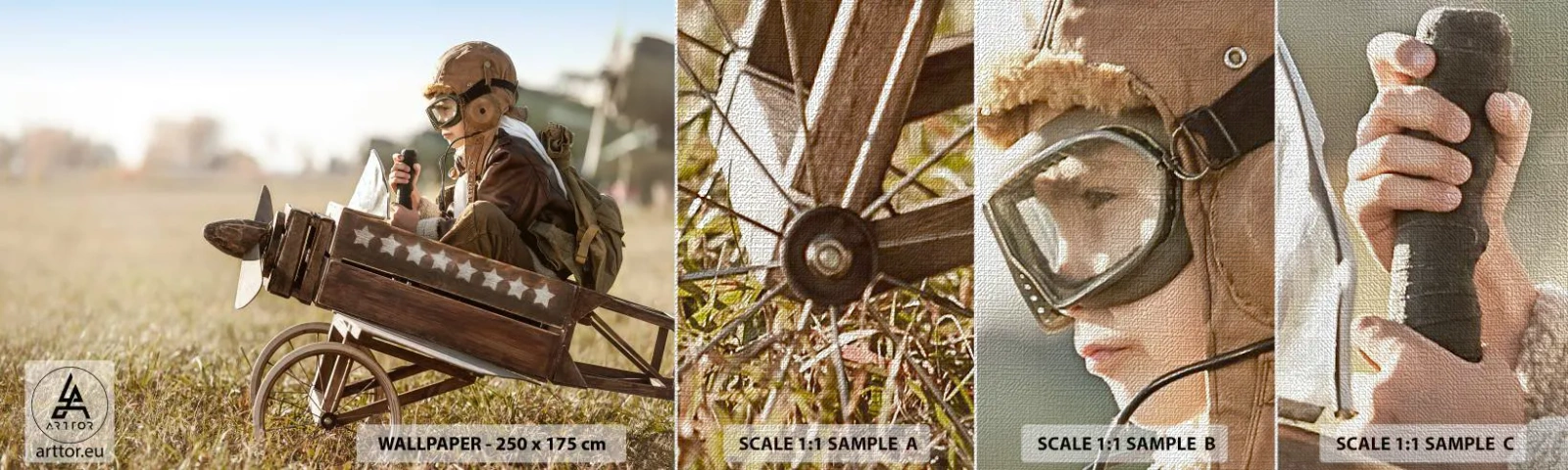 Muestra de fotomural Premium Canvas - Despegue hacia un sueño - Chico, Avión, Vintage - 100x30 cm