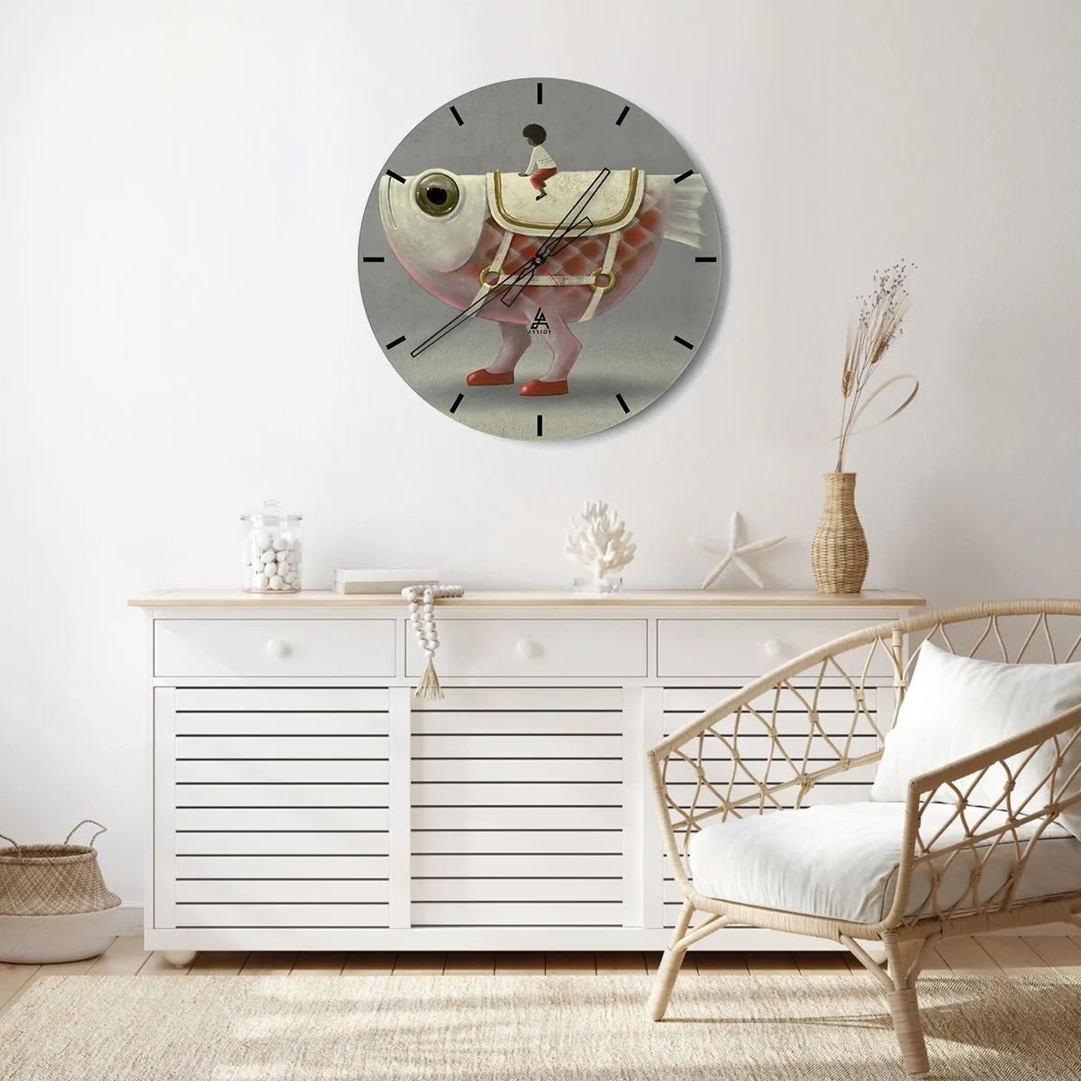 Reloj de pared - Reloj de vidrio - Una figura de un gran pez con silla de montar y botas sobre un fondo gris. - 30x30cm - Jinete del pescado - Decoración de pared moderna para salón, cocina y dormitorio ARTTOR