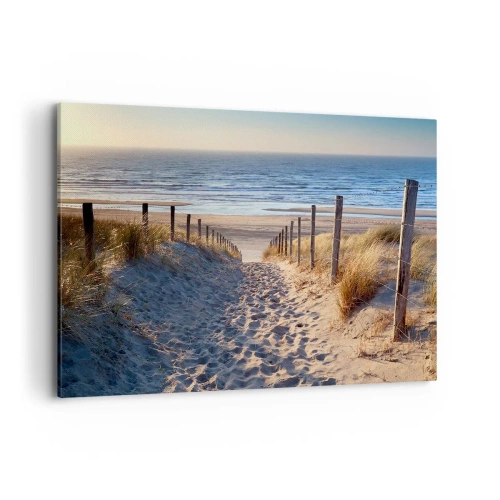 Cuadro sobre lienzo - Impresión de Imagen - Camino a través de las dunas que conduce a la playa. - 120x80cm - El sonido del mar, el canto de los pájaros, una playa virgen entre las dunas... - Decoración de pared moderna para salón y dormitorio ARTTOR
