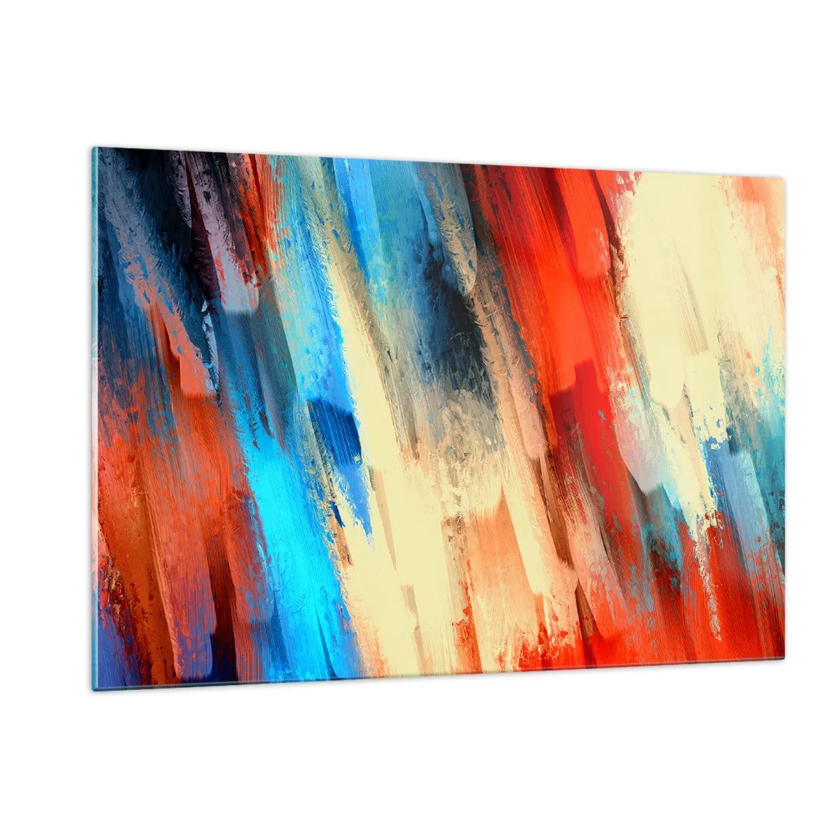 Cuadro sobre vidrio - Impresiones sobre Vidrio - Pinceladas abstractas en tonos azul, rojo y beige. - 120x80cm - Una cascada de colores - Decoración de pared moderna para salón y dormitorio ARTTOR