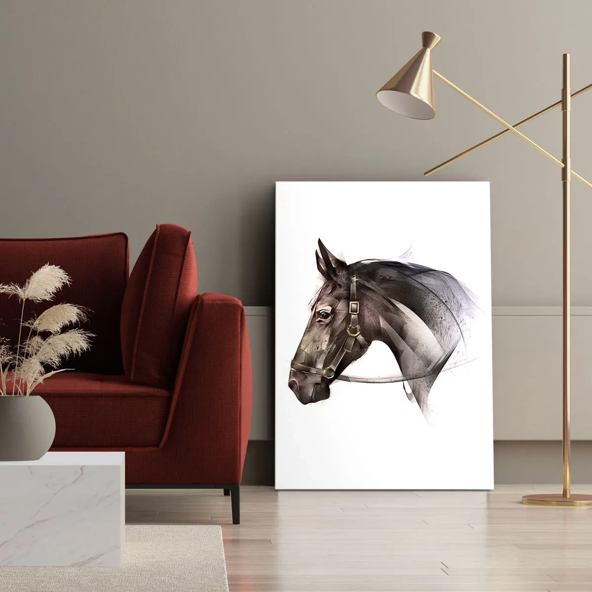 Cuadro sobre lienzo - Impresión de Imagen - Un perfil de caballo en una delicada forma artística sobre un fondo blanco. - 50x70cm - Elegancia - Decoración de pared moderna para salón y dormitorio ARTTOR
