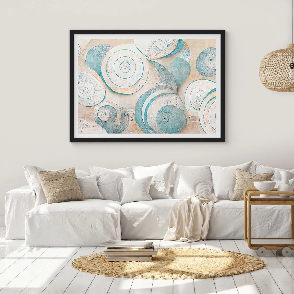 Póster en marco negro - Conchas abstractas en tonos pastel - 100x70cm - ¿Qué esconden en su interior? - Decoración de pared moderna para salón y dormitorio ARTTOR